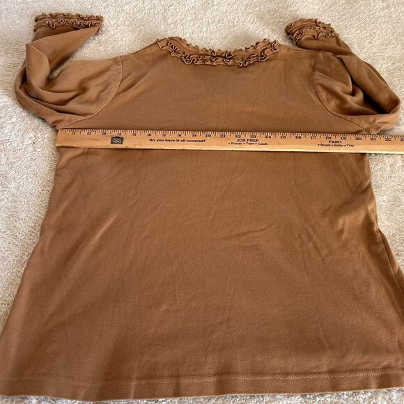 Quacker Factory Shirt Medium Tan Ruffle Edge Rhinestone Tunic Pullover 3/4 Slv - Picture 9 of 11